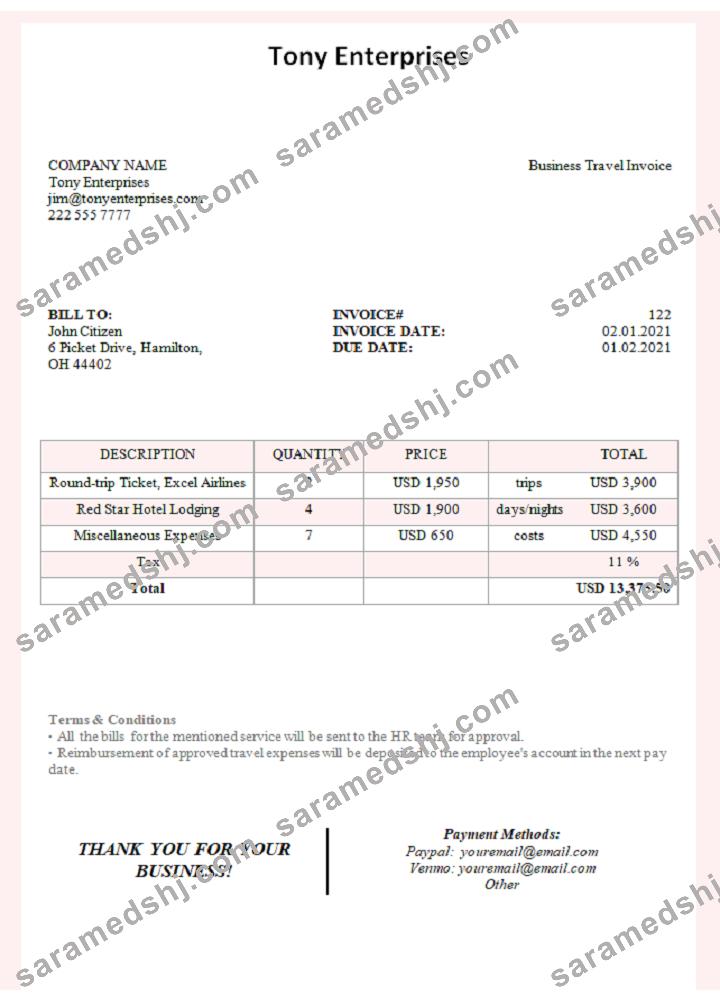 USA Tony Enterprises invoice